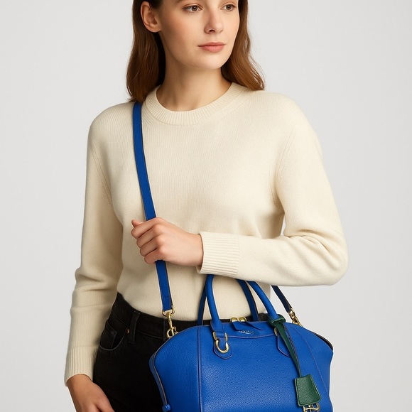 Tory Burch Perry Pebbled Leather Satchel Blue Green Gold Hardware - Picture 3 of 15